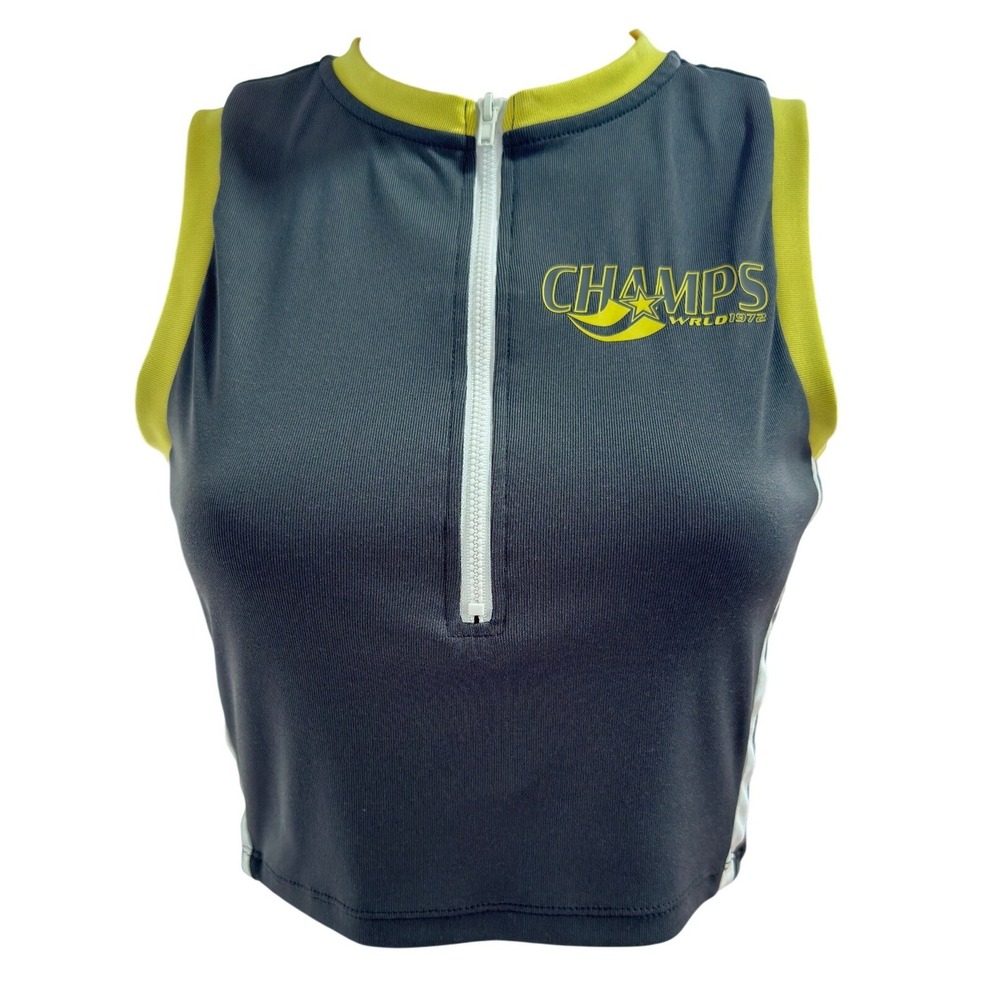 HM Divided Women Grey Yellow Champs WRLD 1972 Quarter Zip Sleeveless Crop Top S